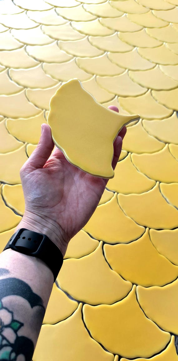 Handmade Ceramic Ginkgo Leaf Tile: Matte Mustard Yellow Mosaic