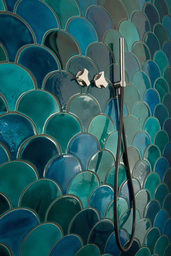 Handmade ceramic mosaic tiles, Morocco Fish Scale Ceramic Tile, turquoise and Emerald Bathroom or Kitchen Tile, Price per 89 pieces - 1m2