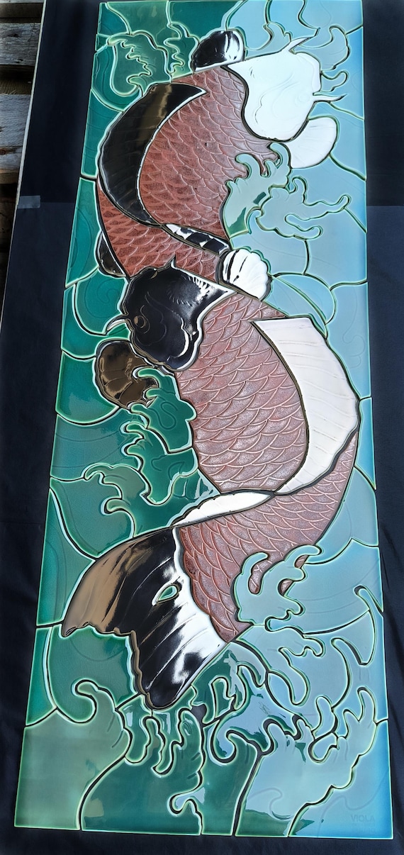 Handmade Ceramic Koi Fish Mosaic Wall Art - Japanese Tattoo Style