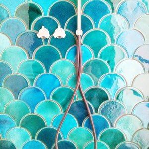 Handmade ceramic mosaic tiles, Morocco Fish Scale Tile, Light Turquoise Crackle & Emerald Green Bathroom or Kitchen Tile, Price per 9 pieces