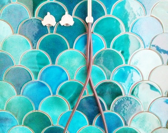 Handmade ceramic mosaic tiles, Morocco Fish Scale, Light Turquoise Crackle and Emerald Green Bathroom or Kitchen Tiles, 89 pieces = 1m2