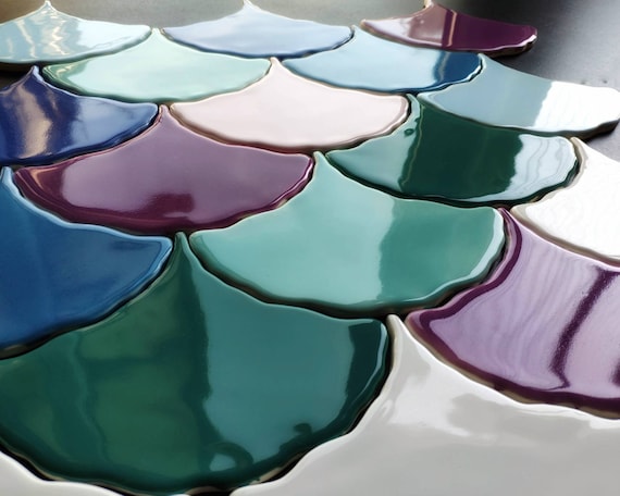 Handmade ceramic mosaic tiles, Colorful Ceramic Tiles ~ Handmade Rainbow Colored Tiles ~ Leaf Tiles ~ Ginkgo Biloba Leaf Tiles