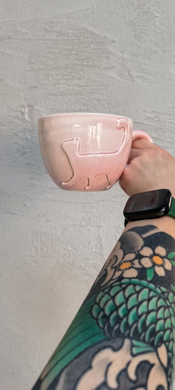 Handmade pink Ceramic Cat Mug - 600ml Glossy Coffee Mug