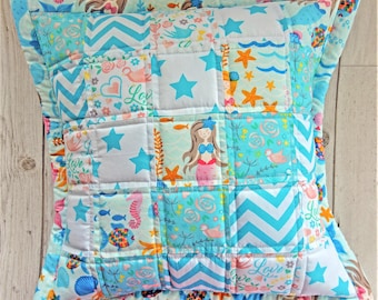 Mermaid cushion COVER, under the sea room decor, patchwork cushion, mermaid and stars pattern, girls room decor, pretty mermaid cushion