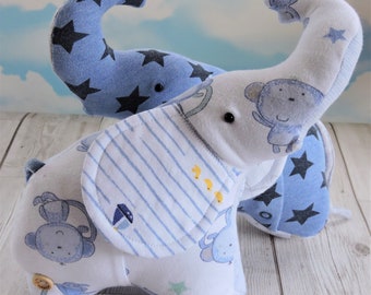 Elephant keepsake made from baby clothes, keepsake elephant, elephant softie, first birthday gift, baby clothes elephant, trunk up elephant