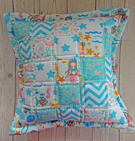 Mermaid Cushion Cover Under The Sea Room Decor Patchwork Cushion Mermaid And Stars Pattern Girls Room Decor Pretty Mermaid Cushion