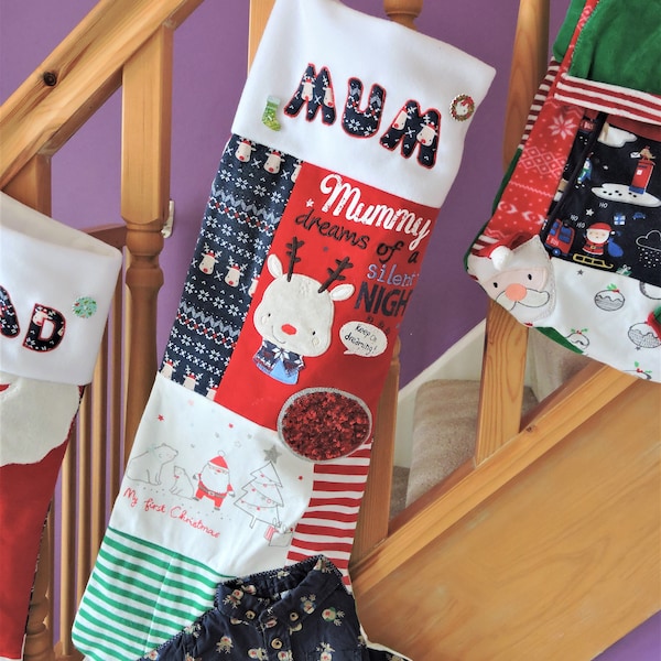 Kerstsok LARGE gemaakt van babykleding, gepersonaliseerde kous, kerstsok, kindersok, cadeauzakje, patchworkkous