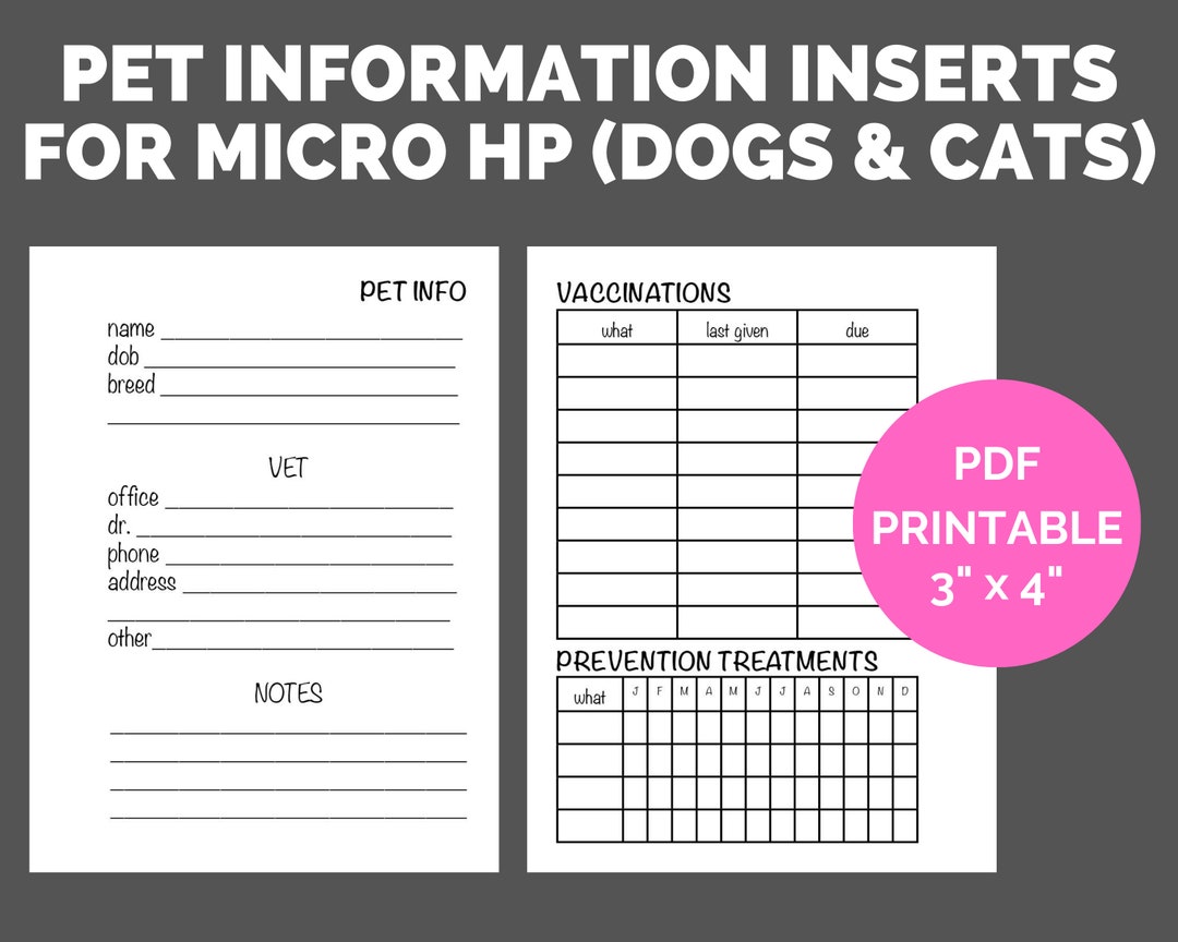 Pet Information Sheets dogs &amp; Cats Printable for Happy Planner Notes ...