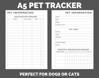 A5 PET Information TRACKER printable - PDF planner insert - cats, dogs, vaccination, vet, flea, tick, heartworm