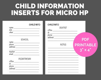 Kid Information Sheets Printable For Happy Planner Notes Micro HP (PLANNER INSERTS)