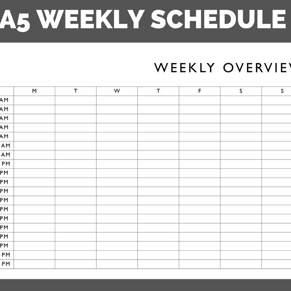 A5 WEEKLY SCHEDULE OVERVIEW tracker printable  - pdf planner insert - week on one page, schedule, timed week view