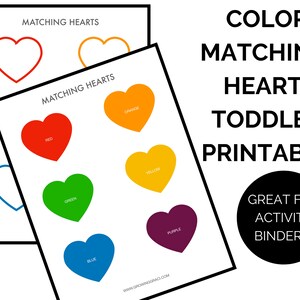 Color Matching Hearts Game, Printable Toddler Preschool Learning Tool, Homeschool, Educational Toddler Activity, Basic Colors image 1