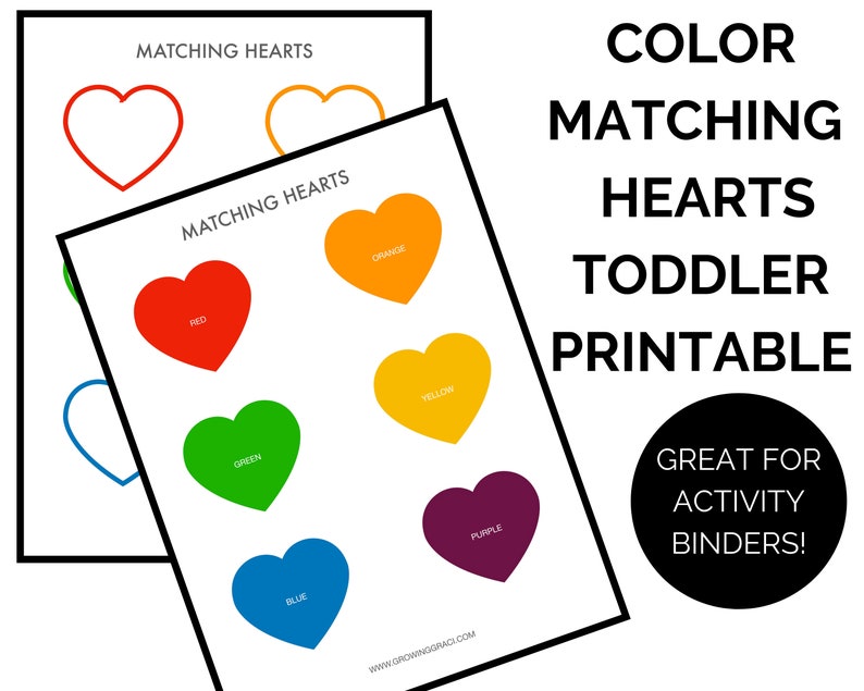 Color Matching Hearts Game, Printable Toddler Preschool Learning Tool, Homeschool, Educational Toddler Activity, Basic Colors image 1