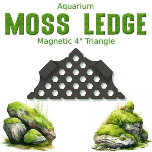 May include: Aquarium Moss Ledge Magnetic 4" Triangle. A black triangular shaped moss ledge with a honeycomb design and two magnetic strips on the sides. The ledge is shown against a white background.