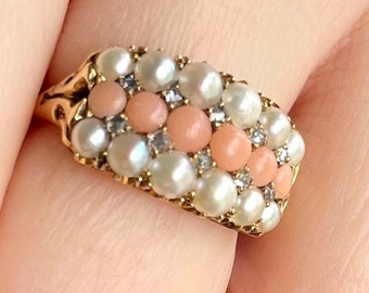 18k Victorian Natural Pearl Rose cut Diamonds angelskin coral band ring stacker wedding Antique