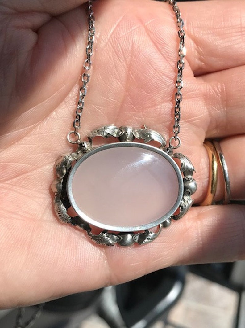 Victorian Sterling Chalcedony Silver milky agate necklace pendant antique vintage