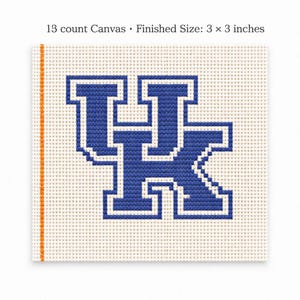 May include: A needlepoint canvas featuring the letters "UK" in blue with a white outline, set against a cream-colored background. The finished size is 3 x 3 inches. An orange border runs along the left side.