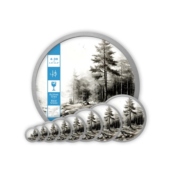 Silber runder Bilderrahmen mit 2mm Floatglas Holz ökologisch 4 6 8 10 12 14 16 20 24 30 cm