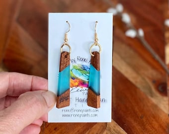 Turquoise resin earrings. Turquoise boho wood jewelry. Blue & wood dangle earrings. Rectangle minimalist lightweight earrings. Gifts for her