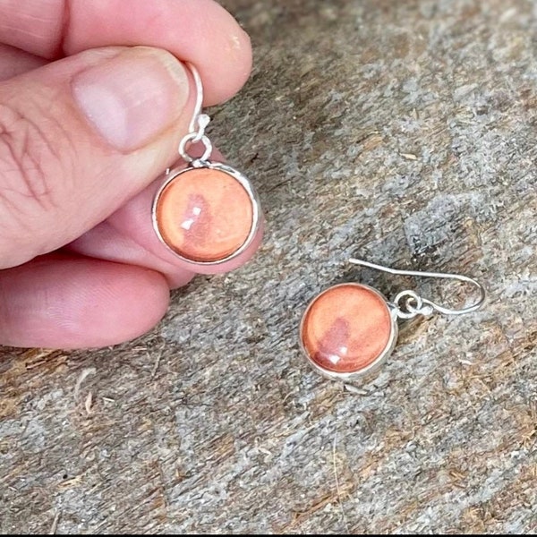 Apricot watercolor Earrings. Handmade Dangle glass earrings, Small round lightweight boho style earrings. Minimalist circle drop earrings