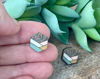 Boho Geometric Wood Earrings | Colorful Striped Studs | Lightweight Minimalist Jewelry | Painted Wood Stud Earrings | Stylized Retro Jewelry