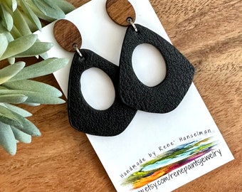 Black Leather Dangle Earring Leather Wood Bohemian Earring Lightweight Stylish Earring for Her Sister Gift Artisan Handmade Black Earring