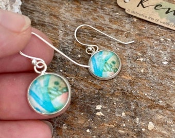 Teal abstract earrings. Lightweight summer earrings. Casual spring dangle earrings. Leaf print watercolor earrings. colorful earrings.