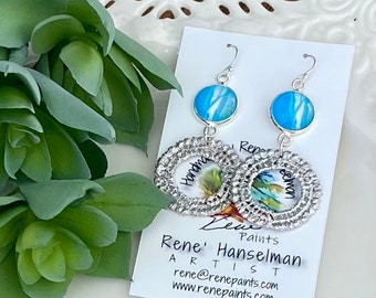 Laced hoop earrings w hand painted pendants. Ocean blue watercolor hoop earrings. Boho hoop earrings. Moroccan earrings. Chakra jewelry