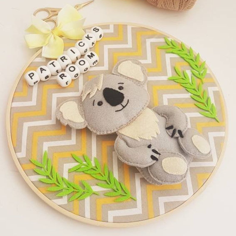Personalized Koala Boy Bedroom Door Sign Gray Yellow Chevron 10 5 Inch Hoop Door Hanger