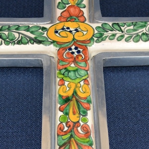 Art/Religious-A la Carte Mexico Folk Art Ceramic Cross with Metal Frame Hand Pai