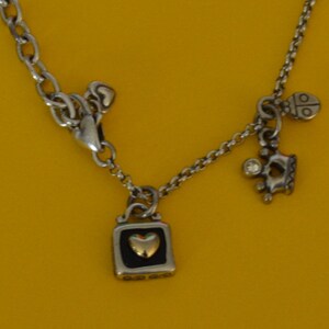 May include: A silver necklace with a heart-shaped charm, a crown charm, and a ladybug charm. The heart charm has a gold center.