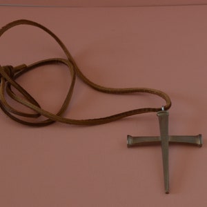 Jewelry-SKU#x108/Necklace-Silver Tone Artisan Made Cross on Brown Natural Leather