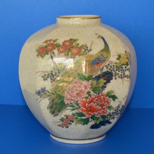 Collectible-Vase-Japanese Satsuma Porcelain W/Floral Motif and Peacock-Signed