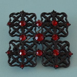 Jewelry-SKU#63/Brooch-Filigree Brooch Blood Red Rhinestones Victorian