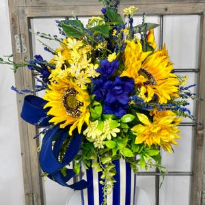 Yellow Sunflower table centerpiece floral arrangement, modern farmhouse decor,  blue and yellow sunflower home decor, gift for her