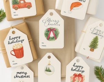 Watercolor Christmas Gift Tags Printable Set of 9, Holiday Tags, Instant Download