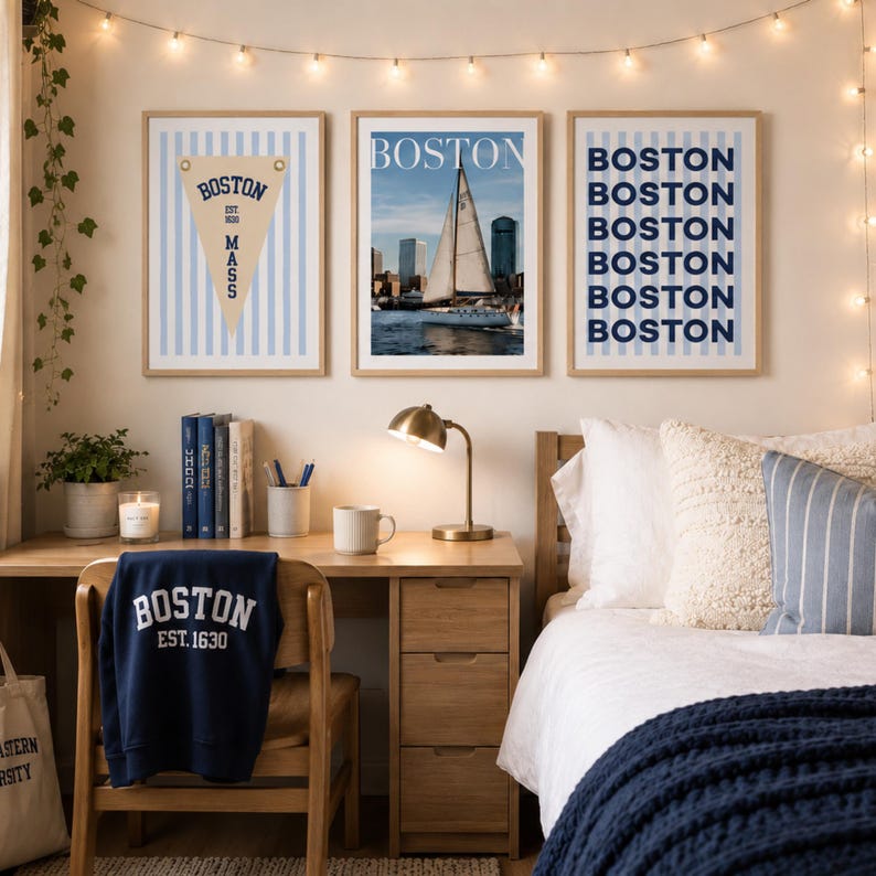 Boston wall art set of 3 featuring a vintage Boston pennant print, Boston sailboat skyline photography, and blue striped Boston typography poster in light wood frames.