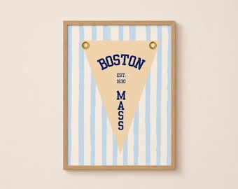 Boston Massachusetts Pennant Flag Rolled Poster | Light Blue White Stripes
