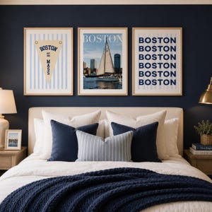 Boston wall art set of 3 featuring a vintage Boston pennant print, Boston sailboat skyline photography, and blue striped Boston typography poster in light wood frames.