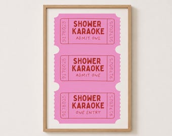 Trendy Shower Karaoke Bathroom Wall Art, Retro Admit One Ticket Print, Pink Shower Decor