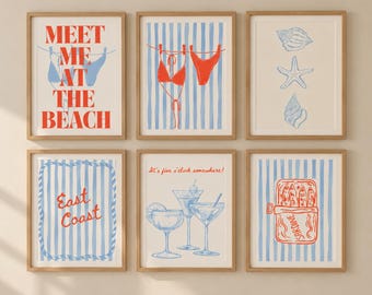 Coastal Summer Art Prints: Beach House Decor, Sardines & Cocktails (Digital Download, 6 Set)
