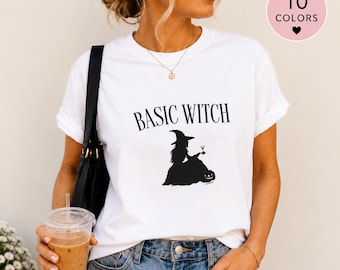 Basic Witch Halloween Tee, Vintage Cocktail Witch Graphic, Spooky Season Shirt (10 Colors)