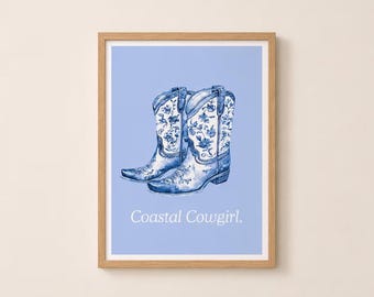Blue Floral Cowboy Boots Print, Coastal Cowgirl Western Wall Art
