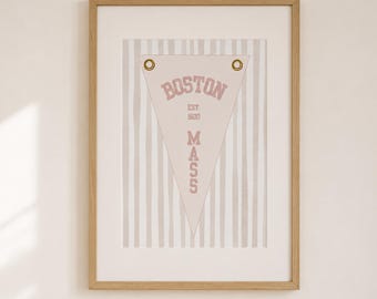 Boston Pennant Poster, Boston Wall Art, Vintage Pink Striped Print