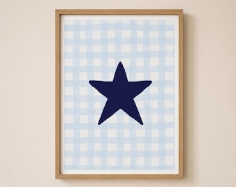 Blue Star Dorm Wall Art Print, Navy Celestial Decor, Gingham College Room Accent