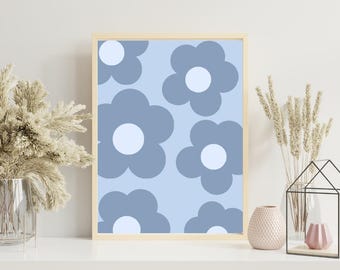 Blue Retro Flower Pattern Rolled Poster | Floral Wall Art
