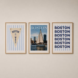 Boston wall art set of 3 featuring a vintage Boston pennant print, Boston sailboat skyline photography, and blue striped Boston typography poster in light wood frames.