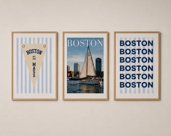 Boston Wall Art Set, Coastal New England Decor, Sailboat Skyline Print (Digital Download)