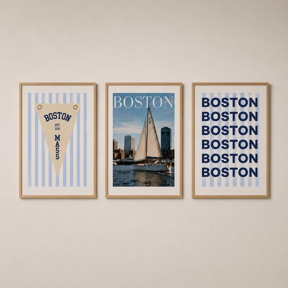Boston Wall Art Set, Coastal New England Decor, Sailboat Skyline Print (Digital Download)