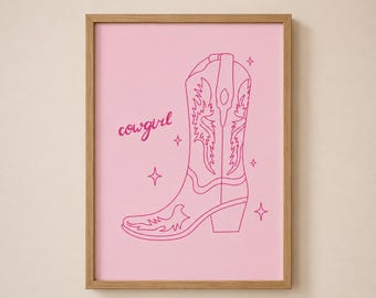 Pink Cowgirl Boot Poster, Coquette Western Wall Art, Rodeo Decor